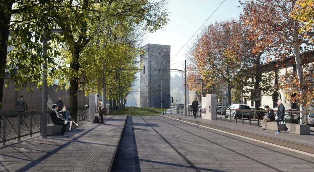 Fermata viale Giovine Italia Dettaglio della linea con la Torre della Zecca sullo sfondo